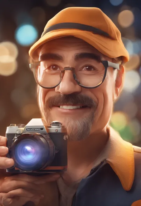 Homem careca e barba grande preta, Round face with round glasses, Smiling holding a camera and a flash light in front of you;, foto profissional, foto profissional, Eloy Morales, imagem profissional, Foto selfie 8k, professional photographie, enquanto sorr...