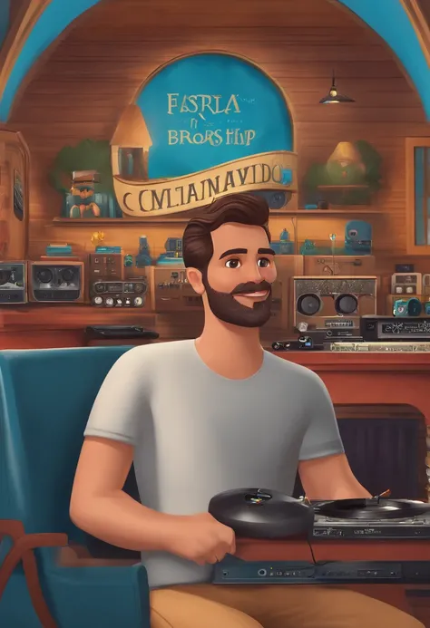 um homem, em breve, barba curta, olhos castanhos, com fones de ouvido, A music studio in the background, Imagem no estilo Pixar, Estilo de filme animado 3D, Disney, camiseta preta