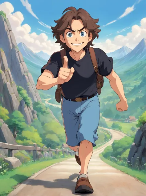 Draw a Caucasian man of about 40 years old, with long curly brown hair, gray-blue eyes. He is standing on a winding road, surrounded by majestic mountains. The man wears black clothing, including an Iron Maiden t-shirt. With an infectious smile, he makes t...