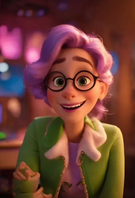 Imagem estilo Pixar com personagem 3D, Mulher de 30 anos, cabelos pretos e loiros nas pontas, Lilac pants and white jacket, atendendo cliente deitada em uma maca em um estudio de eyelash desgin, com paredes verde oliva e rosa claro. Maquiagem Disney,Pescad...