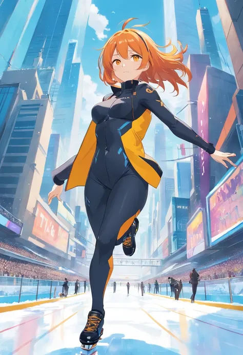 1 female、Orange hair、Colossal tits、Big ass、black rubber suit、yellow  eyes、Large, thick thighs、a short bob、wide hips、ice skating、run