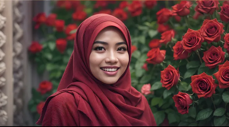 A film still of Beautiful malay women with hijab stand infront of wall of red rose flower, smiling and happy, 30mm lense, closeup shot, desaturated color grading, cinemascope, high quality, photo taken using Panavision DXL2 camera,