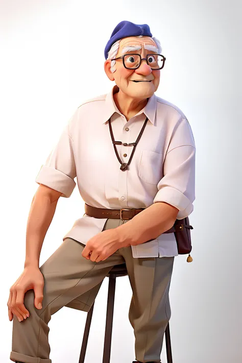 A wise old man standing in front, illuminated by the light of a lamp, against the backdrop of a library