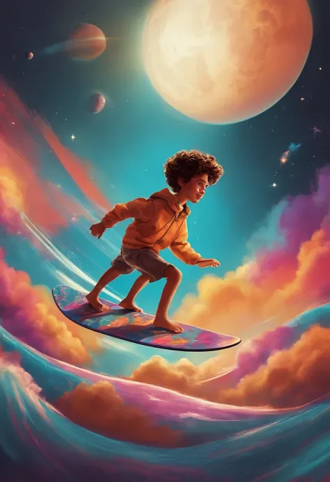 crie um banner no estilo Pixar. Boy surfing in space with a flying skateboard