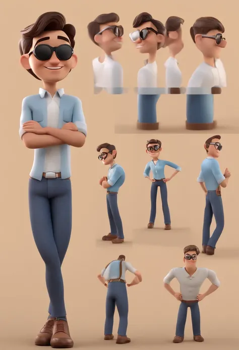 Personaje de dibujos animados de un hombre con gafas negras y una camisa azul, animation character, stylized character, Rendering animation styles, 3D estilizado, Arnold Maya render, 3D render estilizado, Toon renderizar keyshot, Personaje 3D, Personaje 3D...