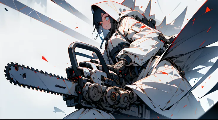 masterpiece, best quality, absurdres, highres, ultra detailed, 1girl, oversized hooded jacket, holding mechanical chainsaw, upper body, dynamic angle, dynamic pose, from below, dutch angle, (extremely beautiful and detailed face:1.2), (extremely beautiful ...