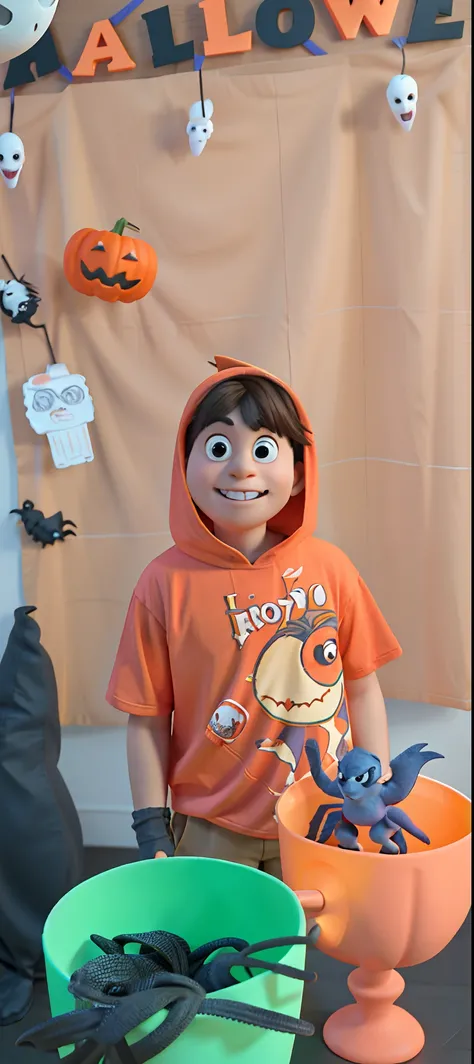 A pixar style boy in orange dinosaur shirt standing in front of a table with Halloween decorations.