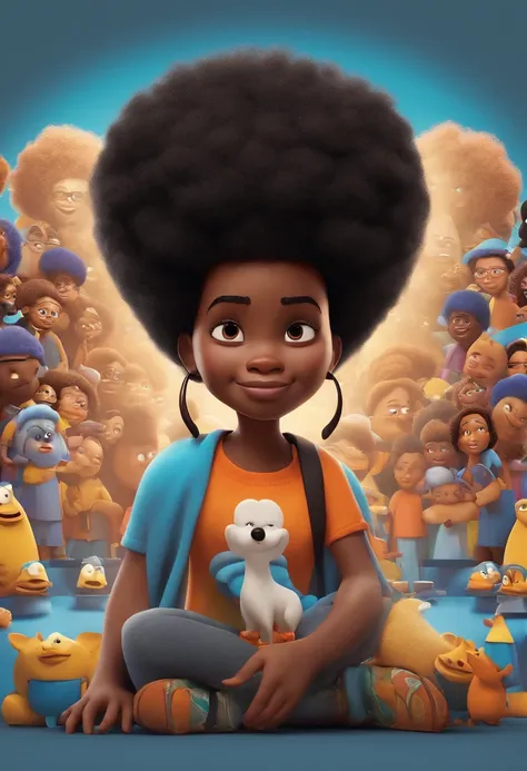 Um menina negro, cabelo afro, Feliz, fundo branco, Child, Tom, Estilo Pixar, ......3d, Cartoon, Rosto detalhado, asymmetrical 16k