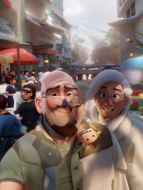 Casal (Bald white man and asian woman) no estilo Disney Pixar, com fundo neve, alta qualidade, melhor qualidade.