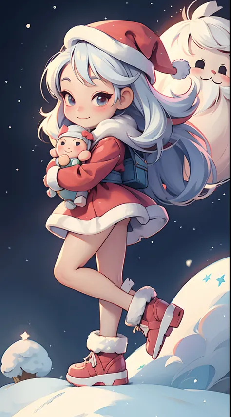 Santa Claus happily carrying presents、Santa is a pretty girl、Chibi Doll、Stars in the eyes（kirakira）、Eye Up、Laugh、Cute red shoes、foco nítido, Ultra Detail, radiant light、bio luminescent、snowscape、Its snowing、Snowboard Riding、Draw a large snowflake in the fo...