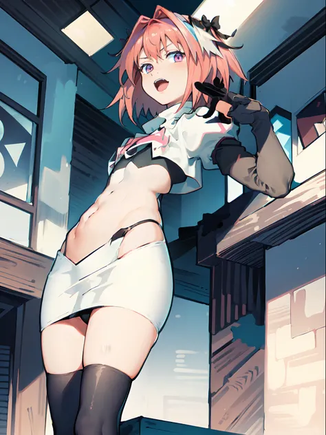 absurdres, masterpiece, best quality, (astolfo fate:1.2155), 1boy, male focus, trap, pink multicolored hair, pink hair, white hair, hair intakes, long hair, pink detailed eyes, crossdressing,1boy,team rocket,team rocket uniform,white skirt,crop top,black t...