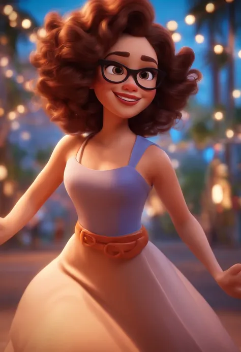 Pixar style image with 3D character white glasses brunette woman short curly hair dancing, Maquiagem Disney,Pescador, bonitinho, sorridente ,Close-up, Pixar, Disney, Cinema lighting,