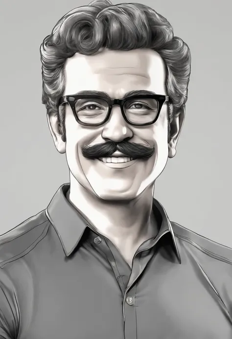 ((best quality)), ((master part)), ((desenhos animados realistas)), ((Personagem perfeito)) - Um retrato frontal meticulosamente detalhado e realista de um homem com cabelo raspado, glasses and a shirt with beautiful textures. O homem olha diretamente para...