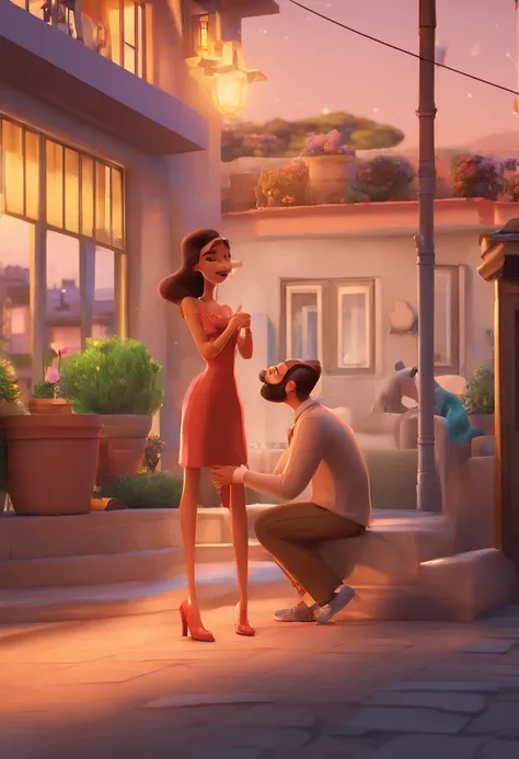 An illustration of an adorable couple, Destacando um homem e uma mulher com beleza, Expressive eyes – the mans hair is bald and brown and he has a full beard, While the womans hair is tied up in a bun and blonde. They are a bright space, Todos com um sorri...