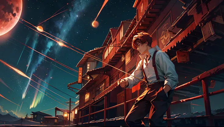 Blood Moon，Long red meteors streak across the sky，The green Northern Lights streak overhead from left to right，middle parted hairstyle，Suspenders，Boy student