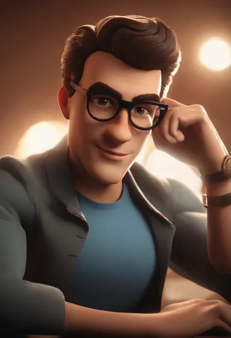 Homem estilo Disney pixar, alta qualidade, melhor qualidade, de camisa vermelha, black glasses, making a sign of peace with your hands, Pedro Parker, in an action pose, damian kryzwonos, Peter Parker como Homem-Aranha, hero pose, daniel mirante, t pose, Me...