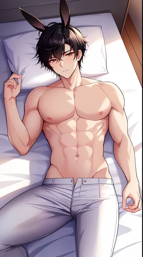 (Masterpiece, Best quality), 1 Muscular man with short black hair, Black rabbit ears and tail, Pale skin, light brown eyes, Very masculine and rabbit-like features, Attractive, only in loose white pants, without clothes, lying on the white bed,night lighti...