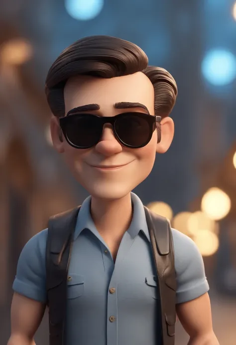 Cartoon character of a man wearing black glasses and a blue shirt, Black leather jacket and pants, Altura 1.74 metros, 90 quilos, olhos e cabelos castanhos escuros, Estilo James Dean, anos 2025, um personagem animado, Caractere estilizado, animation style ...