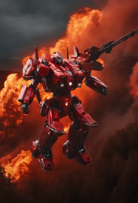 Absurd resolution, high resolution, (masterpiece: 1.4), hyper-detail, a mech, red armor with red wings, floating flight in the sky (1.8) background is wild, fire