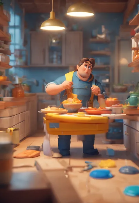 homem cozinheiro de 40 anos com cabelo curto raspado com cavanhaque um pouco branco usando avental jeans azul sorrindo para camera desenhando no estilo de Arte 3D, c4d, fundo de cor branco puro, estilo disney, estilo pixar render ilustracao Super Detalhe, ...