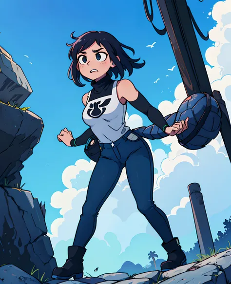 Boku no hero academia style, female, turtle neck bodysuit, blue skinny jeans, tall black boots, blue wings