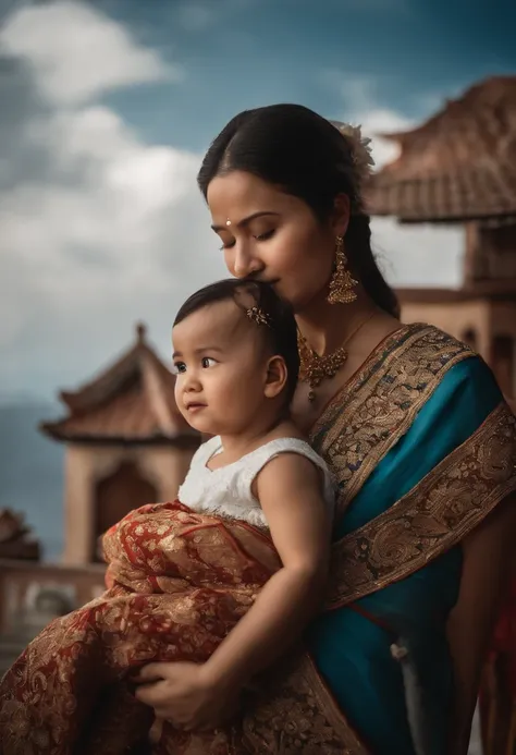 {{master part, best quality, CG extremamente detalhado, Unity 8k papel de parede, Cinematic lighting}}, pintura a tinta tradicional chinesa, 1girl, 1Baby, Young woman holding a baby, corpo inteiro, arquitetura antiga, blue skies, dia ensolarado, arquitetur...