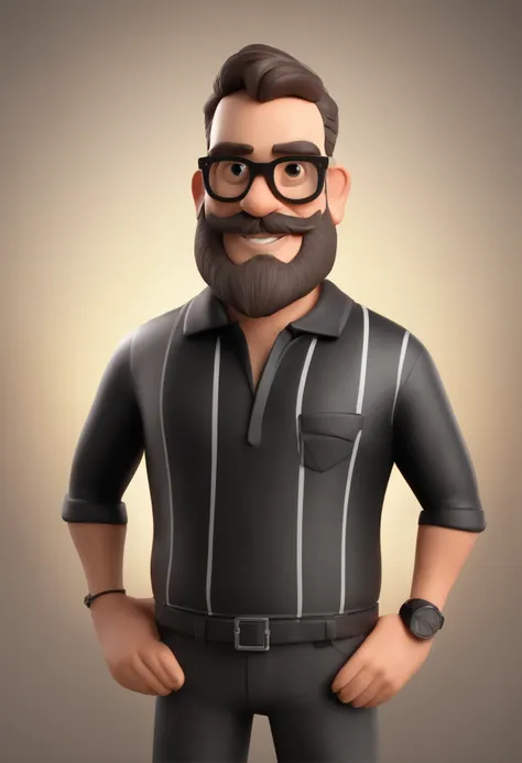 Cartoon character of a man with black glasses and a black polo shirt, cabelo liso, With beard and old school tattoo on his arm, animation character, Caractere estilizado, animation style rendering, 3D estilizado, Arnold Maya render, 3 d render stylized, to...