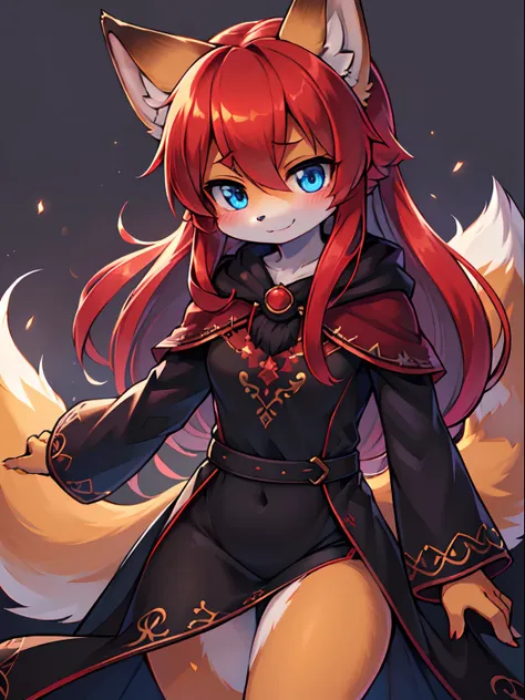 solo woman, kitsune woman, beautiful and cute eyes, (blue eyes), fox ears (red fox ears), long hair, (red hair), fox tails, twin...