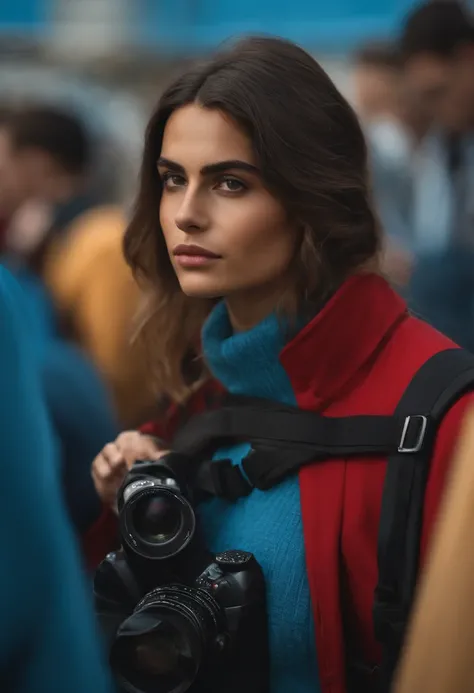 Um cara moreno de cabelo curto e social,with a backpack on the back of a blue polo neck blouse, watch on the left wrist and a camera in his hand and several people behind him