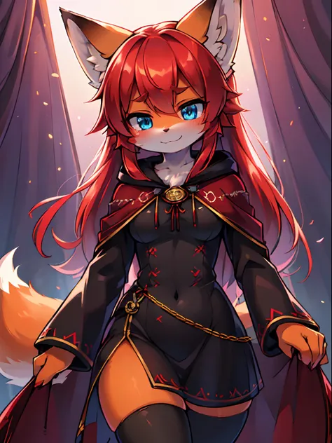 solo woman, kitsune woman, beautiful and cute eyes, (blue eyes), fox ears (red fox ears), long hair, (red hair), fox tails, twintails, (red fox tails),fluffy tails,  (dark red fur), shy face, light smile, (purple and black dress),  (purple torn short cloak...