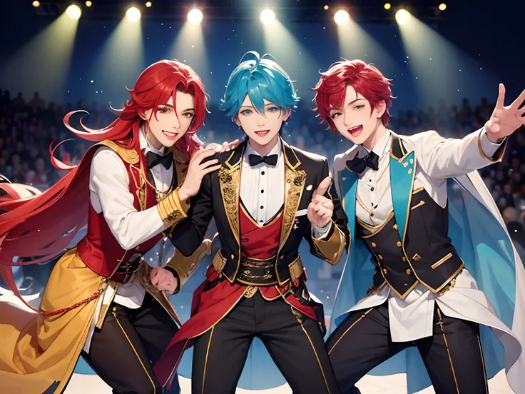 four men、a male idol group is doing a live event。colorful and fantasy costumes。singing a songs.dynamic dancing、a bullish man wit...