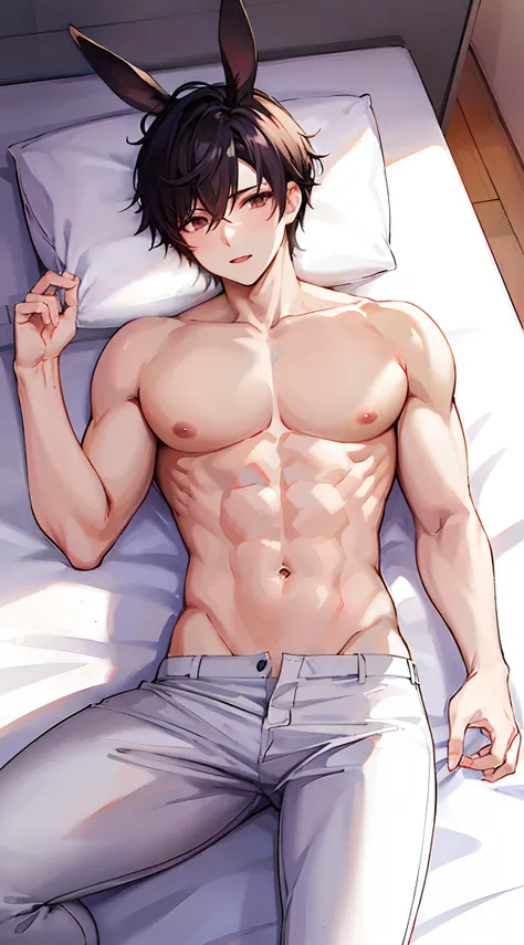 chico de anime acostado en la cama con orejas de conejo en la cabeza, muscular!!, Anime hombre guapo, Hermosa pose de anime, muscular!, posando en la cama, acostado en la cama, Cuerpo del prefecto, Acostado en la cama, Camisa :: High detail, en mi cama, pe...