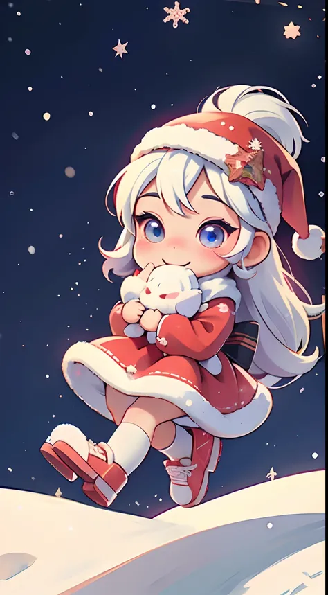 Santa Claus happily carrying presents、Santa is a pretty girl、Chibi Doll、Stars in the eyes（kirakira）、Eye Up、Laugh、Cute red shoes, Ultra Detail, radiant light、bio luminescent、snowscape、Its snowing、Snowboard Riding、Drawing snowflakes in the foreground、Stronge...