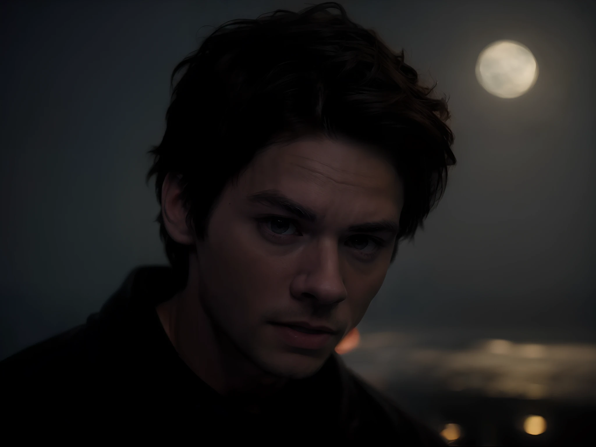 (melhor qualidade, alta resolução), (realista: 1,37), Dylan OBrien como um vampiro, olhos detalhados, foco nítido, cores vivas, atmosfera sombria, retrato deslumbrante, gotic, de noite