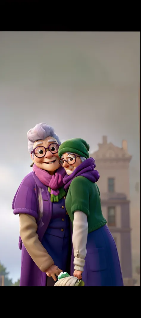 masterpiece, best quality, an old woman with glasses and a scarf on, wearing a purple coat and green scarf, standing at the park