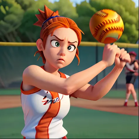 Masterpiece, (watercolor:1.3), (short stack:1.1), forward facing, eyes on camera, serious expression, (action shot:1.4) , (upper body strength:1.3), contrapposto (tattoo:1), softball pitcher, auburn hair, green eyes, (string bikini:1), pitching a softball ...