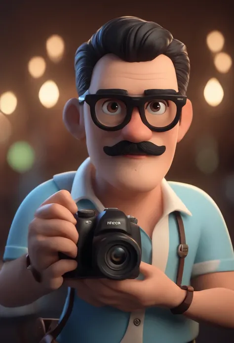 Cartoon character of a man wearing black glasses and a blue shirt, bigode pequeno, Holding a camera, um kimono escorado no ombro do personagem, um personagem animado, Caractere estilizado,  animation style rendering, 3D estilizado, Arnold Maya render, 3 d ...