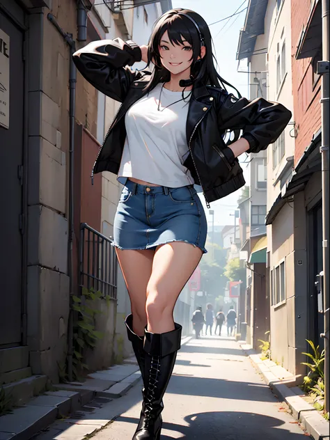 A girl with black jacket, denim skirt, black knee boots, white t-shirt, Big headphones, black long hair, smiling, cool pose, smiling, outside home