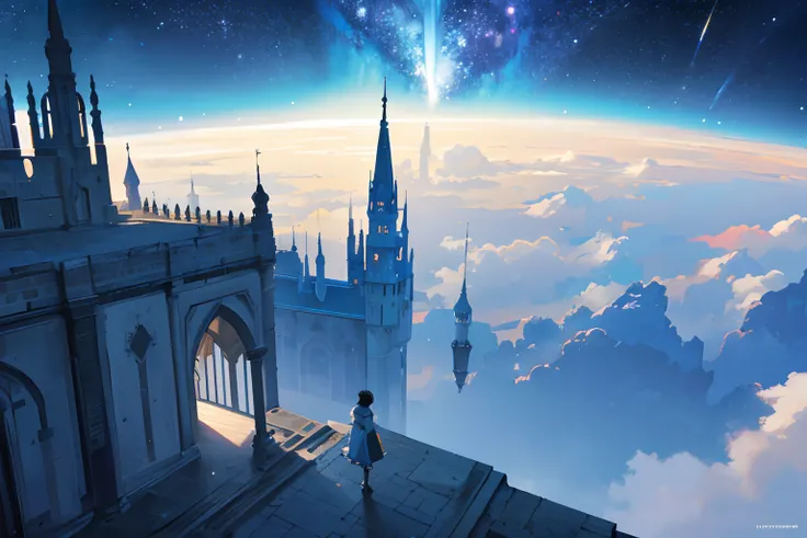 Create exquisite illustrations reminiscent of Makoto Shinkais style, It has ultra-fine details and top-notch quality. Create an illustration of a fantastical castle floating in space. The castle is equipped with structures like telescopes and astronomical ...