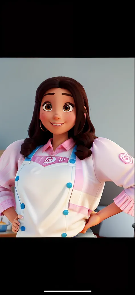 Poster 3D inspirado na Disney Pixar capturando uma cena com uma mulher de 23 anos, pele morena, olhos castanhos e cabelo comprido cacheado castanho claro , na boca sorridente batom marrom, vestindo um avental rosa claro, A kitchen with pink cabinets on the...