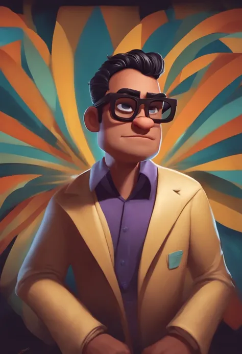 Cartoon character of a man with black glasses, calvo, com cavanhaque, pele branca, magro e alto. Estilo Disney Pixar