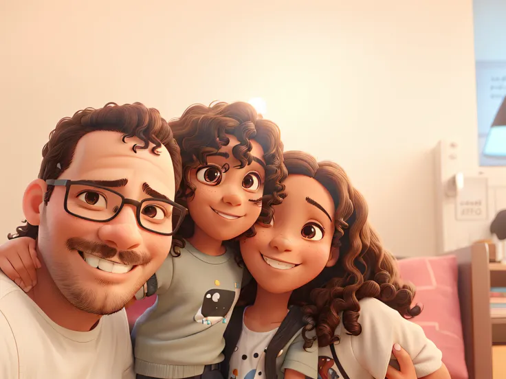 Father, son and mother with photo together. The father is 42 years old, brown, short hair, glasses with black frames. The mother is black, with striking cheeks and a smile, curly hair and a light streak of white in the center of her forehead. He is 35 year...