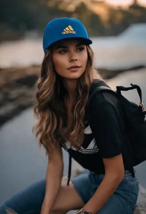 Um filme inspirado na Disney Pixar(ADULTO COM CABELO CURTO liso PRETO) with an Adidas hat and with a blue backpack