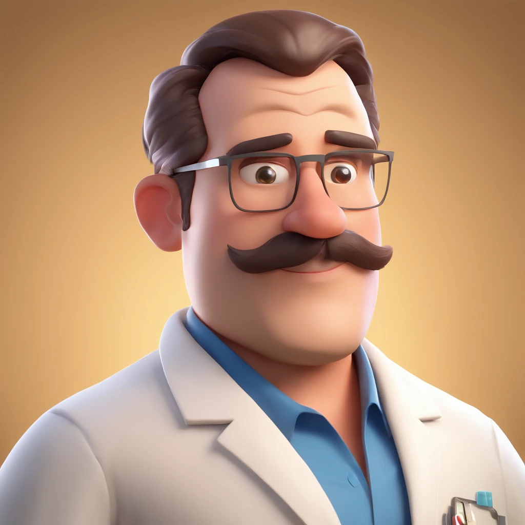 Make a Pixar Style Realistic Poster of 3D Animation. O personagem tem barba, cabelos curtos penteados para o lado esquerdo, wearing a white doctors coat, Gold watch on the right wrist, Has an Arabian face, 8k