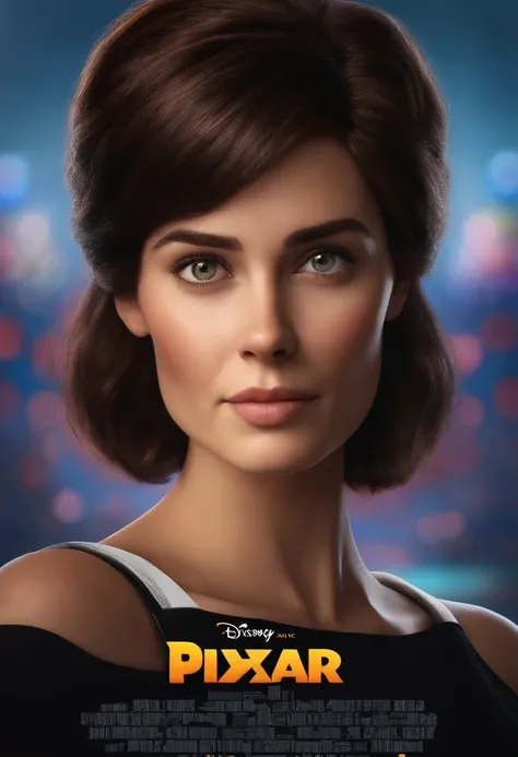 filme Marketing 2023 estilo filmes Pixar, Com nome "N - Marketing", poster, With short, lighter brunette hair and a black t-shirt in front of her crossed arms.