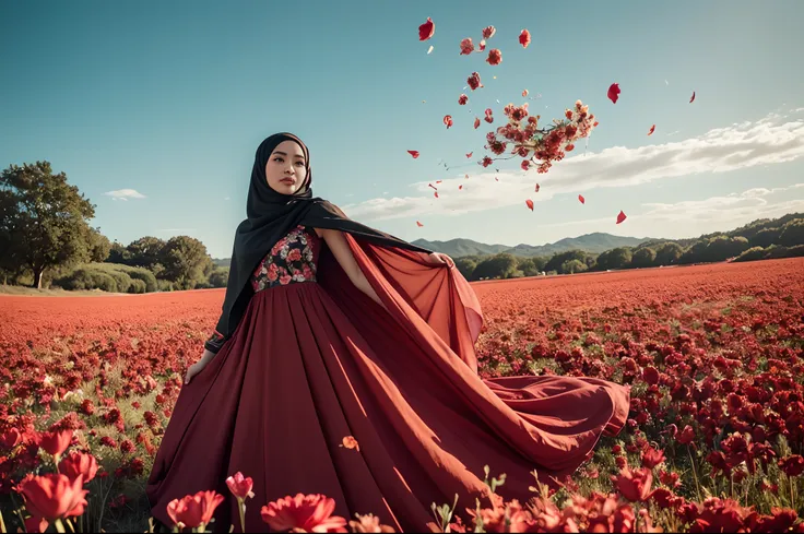 a beautiful malay young woman in hijab, is standing with large popcorn mix with red flower explosion in the background, popcorn and flower petal flying in the air, in the style of mid sommar, fanciful, natural landscape , dreamlike imagery, captivating doc...