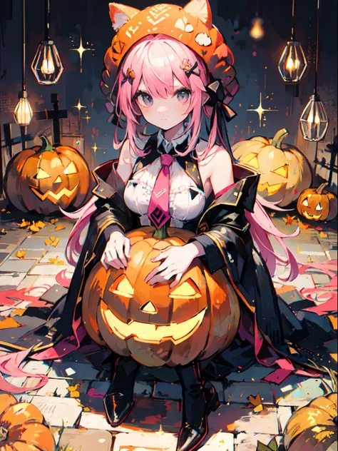 girl with pink tied hair and a pumpkin hat, sit pose, halloween theme