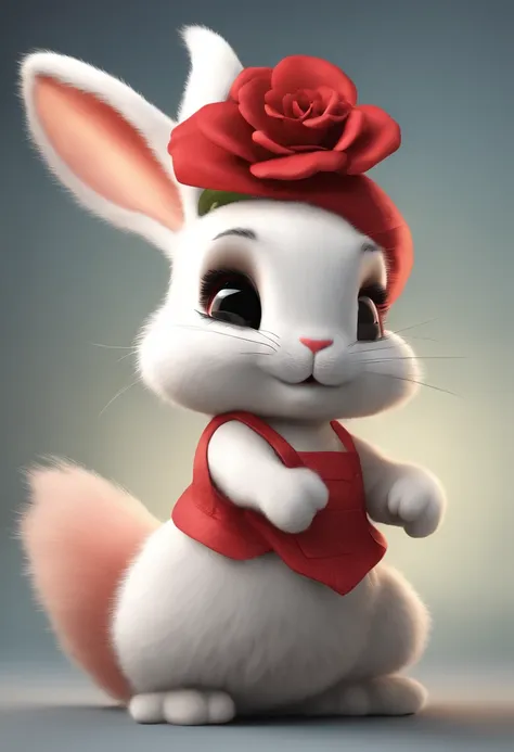 (((Cartoon Character 1.3)))，(((Super cute rabbit)))，A red flower on the head of a rabbit，stand posture，Naughty expression，HD Real，Black eyes，Flying figure，HD picture，Sony SLR lens，Shoot at medium distance，Soft lighting，