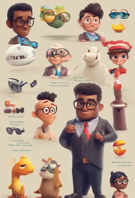 Create a Disney Pixar-inspired poster where there are two people both in suits in an office, uma mulher branca de cabelos longos e pretos, black glasses and freckles on the face, ao lado de um homem negro de pele castanhas clara e cabelos pretos e curtos.