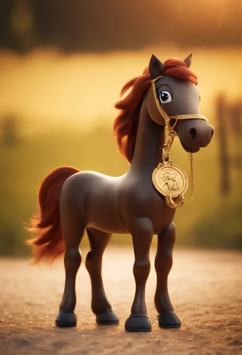 (((Cartoon Character 1.3)))，(((Super cute horse)))，stand posture，A gold medal hangs around his neck，Naughty expression，HD Real，Black eyes，Flying figure，HD picture，Sony SLR lens，Shoot at medium distance，Soft lighting，